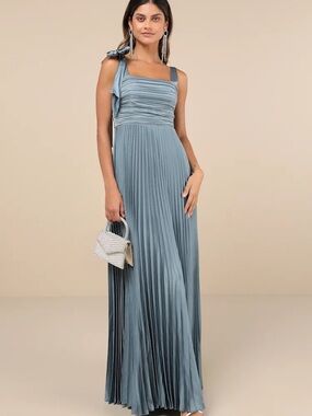 Lulu's Dusty Blue Pleated Maxi Dress with Shoulder Tie
